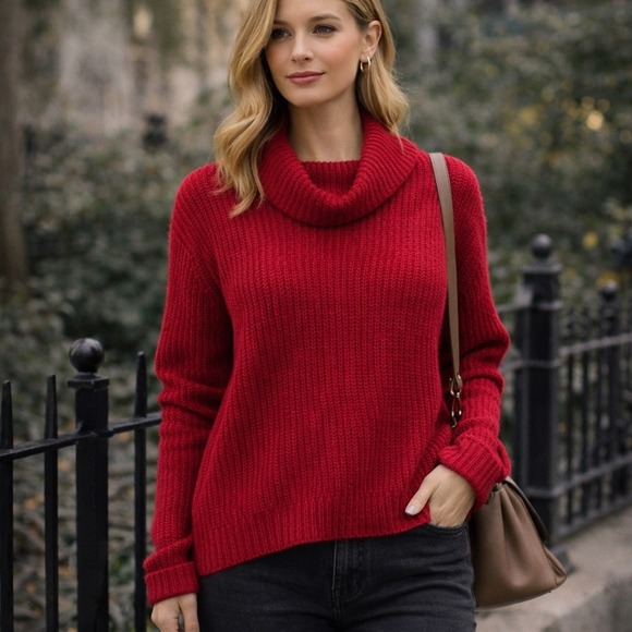 Eileen Fisher Sweaters - Eileen Fisher Red Yak Merino Wool Cowl Neck Ribbed Knit Sweater Small